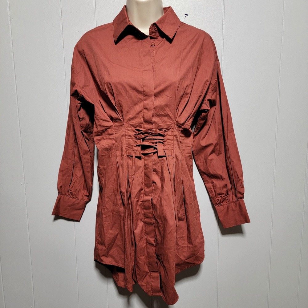 Shero Rust Cotton Long Sleeve Corset Waist Button Down Shirt Dress Small SDH0047